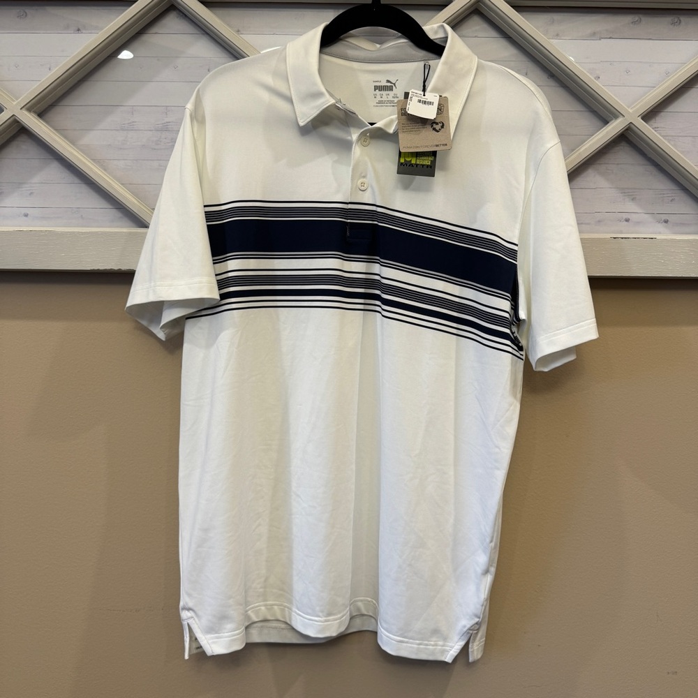 Puma MATTR Grind Mens Medium White Blue stripe Golf Polo Shirt NEW‎ NWT 537451